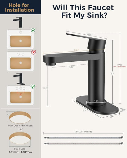 FORIOUS Bathroom Faucet 1 Hole, Single Handle Vanity Faucet Matte Black | Black Bathroom Sink Faucet with Deck Plate, Fits 1 Hole and 4-Inch 3 Hole Install, for RV Vanity Lavatory Restroom Camper