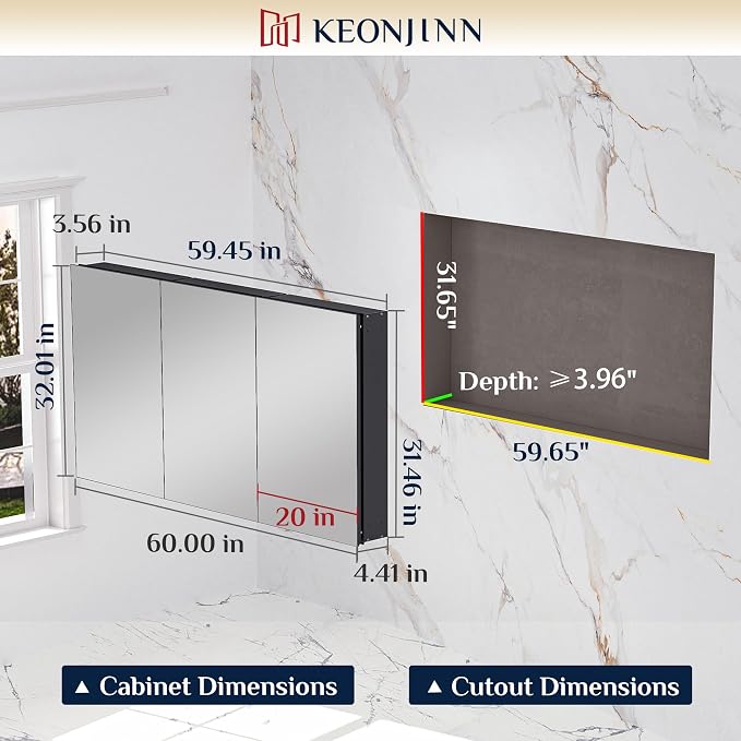 Keonjinn 60" x 32" Black Medicine Cabinet Mirror, Freely Adjustable Shelves | Assembly Needed, Lightweight Aluminum Frame, Surface Mount or Recessed, Soft Close, 3 Doors, Oversized Medicine Cabinet