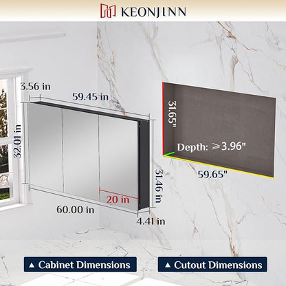 Keonjinn 60" x 32" Black Medicine Cabinet Mirror, Freely Adjustable Shelves | Assembly Needed, Lightweight Aluminum Frame, Surface Mount or Recessed, Soft Close, 3 Doors, Oversized Medicine Cabinet