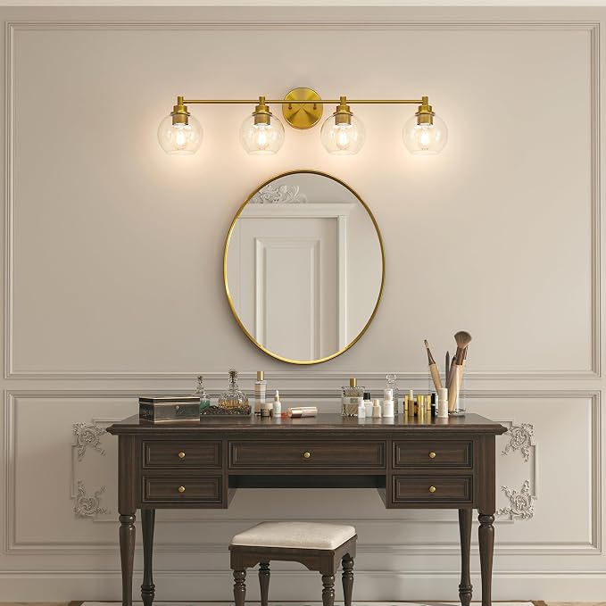 VONLUCE 4 Light Bathroom Vanity Light Fixtures, Gold Finish | Globe Glass Shades, E26 Sockets, Easy to install, Vanity Lights for Bedroom Hallway Living Room