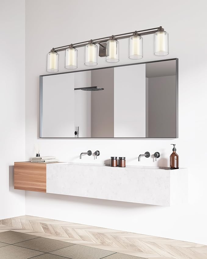HWH Bathroom Light Fixtures 6-Light, Oil-Rubbed Bronze, 5HLT63B-6W-LED ORB | 36W LED Module, 5CCT 3000K-6500K, Dimmable, Double-Layer Clear and Frosted Glass, 43.7-Inch Fixture, Damp-Proof Metal