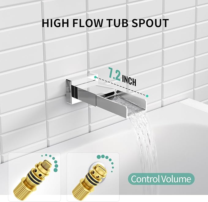 SR SUN RISE 12 Inch All Metal Square Shower System with Tub Spout, Tub Shower Faucet Set, High Pressure Rain Shower Head and Handheld Sprayer Shower Fixtues, Valve Included, Polished Chrome