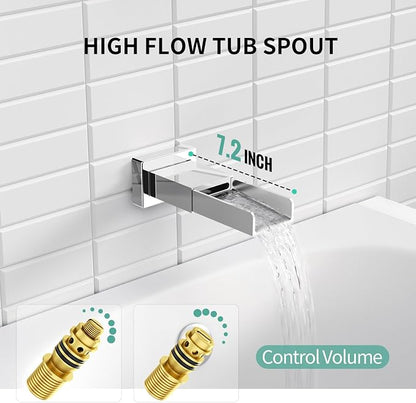 SR SUN RISE 12 Inch All Metal Square Shower System with Tub Spout, Tub Shower Faucet Set, High Pressure Rain Shower Head and Handheld Sprayer Shower Fixtues, Valve Included, Polished Chrome