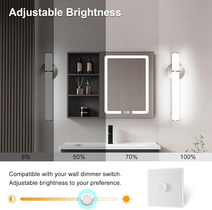 2-Pack 17.3” LED Vanity Light, 12W 1200LM 5000K Daylight Dimmable Bathroom Light Vertical or Horizontal, Modern Brushed Nickel Bathroom Led Wall Sconces, Energy Saving, for Mirror Living Room