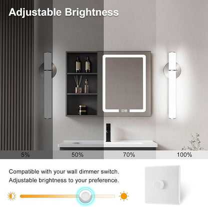 2-Pack 17.3” LED Vanity Light, 12W 1200LM 5000K Daylight Dimmable Bathroom Light Vertical or Horizontal, Modern Brushed Nickel Bathroom Led Wall Sconces, Energy Saving, for Mirror Living Room