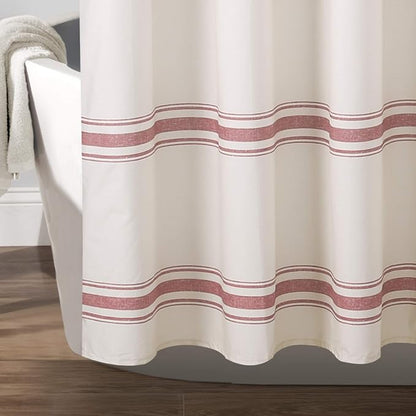 Lush Decor Farmhouse Stripe Cotton Shower Curtain, 72" W x 72" L, Red - Striped Bathroom Curtain - Fabric Shower Curtains - Farmhouse Bathroom Decor