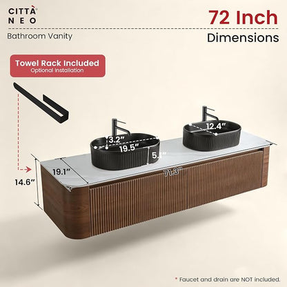 72" Floating Bathroom Vanity with Double Black Sink, Walnut | Pre-Assembled Fluted Wall Mounted Vanity with Ceramic Sink, Sintered Stone Countertop, Soft-Close Drawers & Towel Rack