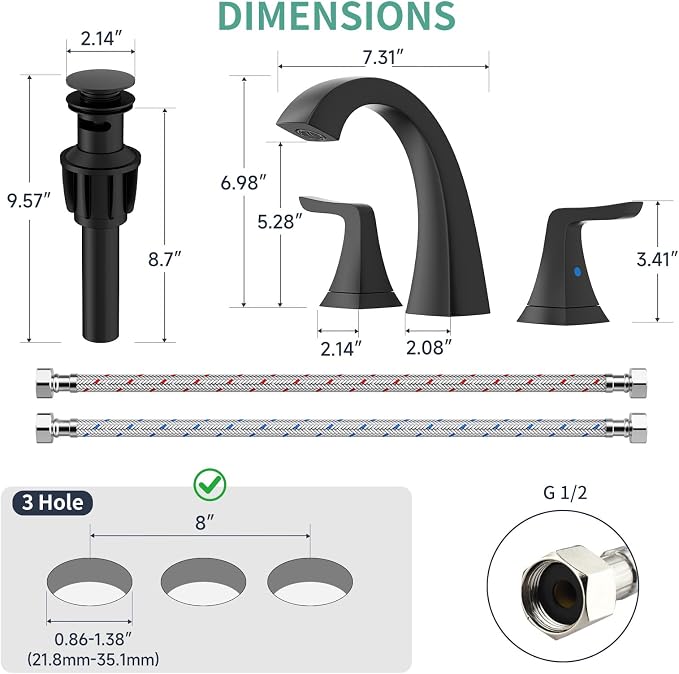 3-Hole Bathroom Sink Faucet - SR SUN RISE NSF Certified 8-inch Matte Black Faucets with Pop-up Drain Assembly, 2 Handles, 2 Water Supply Lines, Matte Black