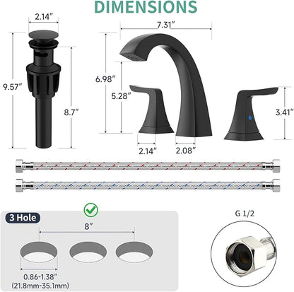 3-Hole Bathroom Sink Faucet - SR SUN RISE NSF Certified 8-inch Matte Black Faucets with Pop-up Drain Assembly, 2 Handles, 2 Water Supply Lines, Matte Black