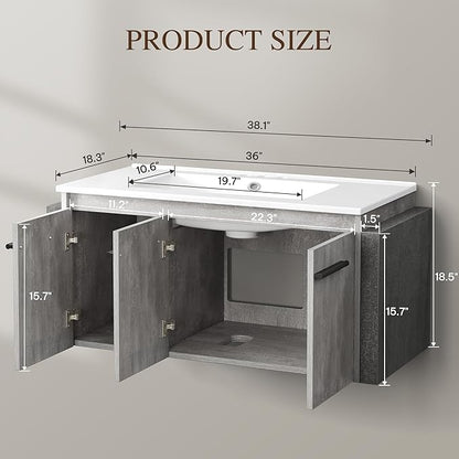 YITAHOME 38 Inch Floating Bathroom Vanity with Sink, Wall Mounted Modern Bathroom Vanity, Bathroom Cabinet Vanity with Three Extra Large Doors