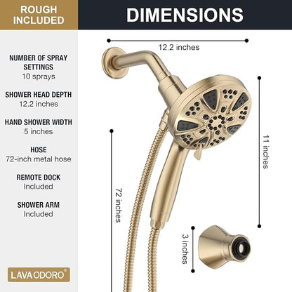 Handheld Shower Head with Magnetic Docking System | 9-Function High Pressure Detachable Shower Head with Remote Dock, 5-inch Champagne Gold Showerhead, 72 Inch Hose, SH180-CB-D