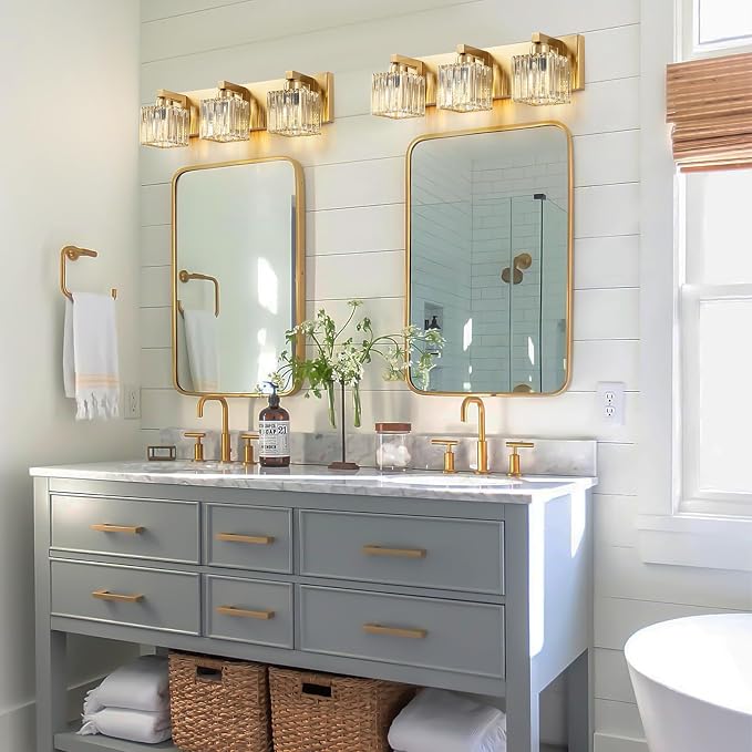 Gold Crystal Bathroom Vanity Lights Modern 3-Lights Bathroom Lighting Fixtures Over Mirror, Gold Crystal Wall Light with Square Shade
