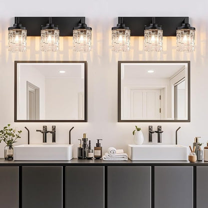 maesta Black Bathroom Light Fixture,3 Light Modern Vanity Light Over Mirror | Modern Vanity Light, Black Metal & Crystal Glass Fixture, Anti-Rust, Easy to Install for Bathroom Hallway Bedroom Entryway