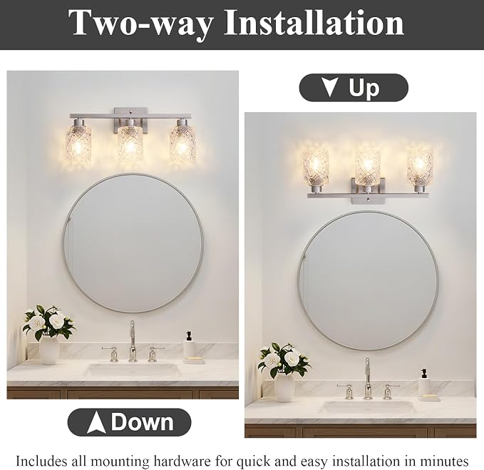 Mecgirn Stainless Steel Bathroom Vanity Light Over Mirror, 3 Light Brushed Nickel Bathroom Light Fixtures with Textured Glass Shades, Ceramic E26 Sockets Wall Mounted