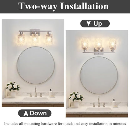 Mecgirn Stainless Steel Bathroom Vanity Light Over Mirror, 3 Light Brushed Nickel Bathroom Light Fixtures with Textured Glass Shades, Ceramic E26 Sockets Wall Mounted
