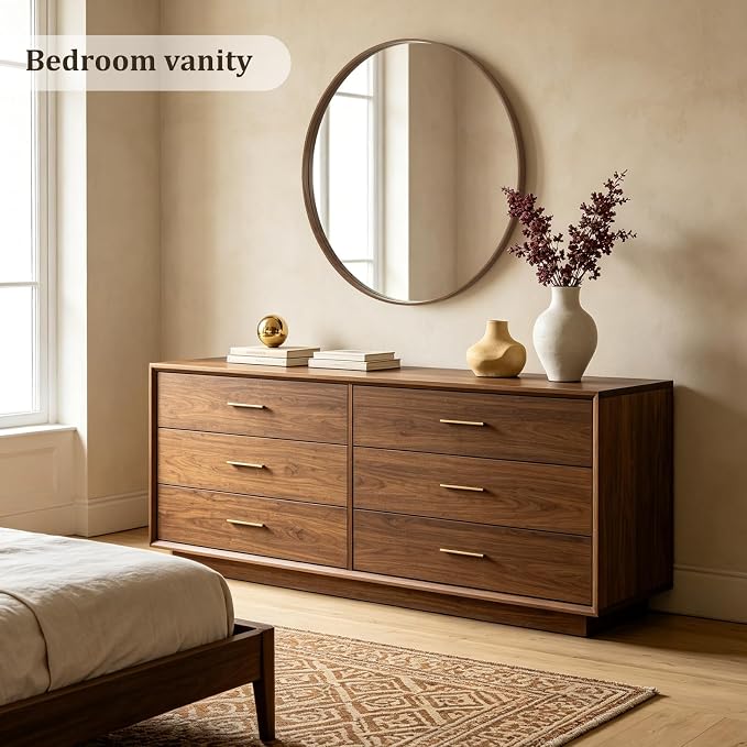 Round Wood Mirror, 40" Round Modern Decoration Large Circle Wall Mirror for Bathroom Living Room Bedroom Entryway, Walnut