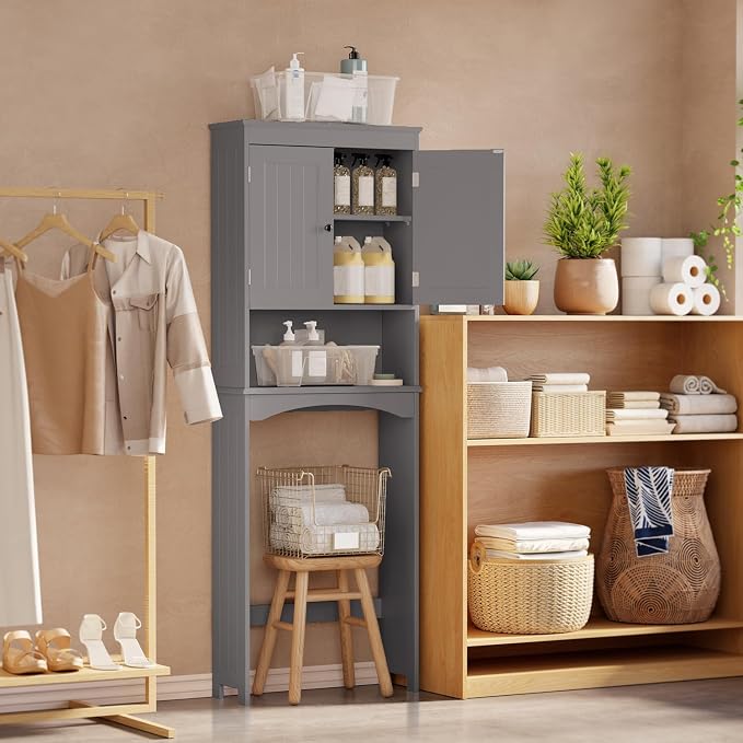 Gizoon Over the Toilet Storage Cabinet with Adjustable Shelf, Grey | Bathroom Space Saver Organizer Above Toilet with Open Shelf and Double Doors, Taller Wooden Free Standing Toilet Rack