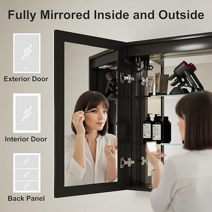 Buruis 20 x 28 Inch Medicine Cabinet with LED Lights and Mirror, Recessed/Wall Mounted Bathroom Cabinet, 3-Color Light, Defogger, Memory Function, Outlet & USB, Dimmer, Black