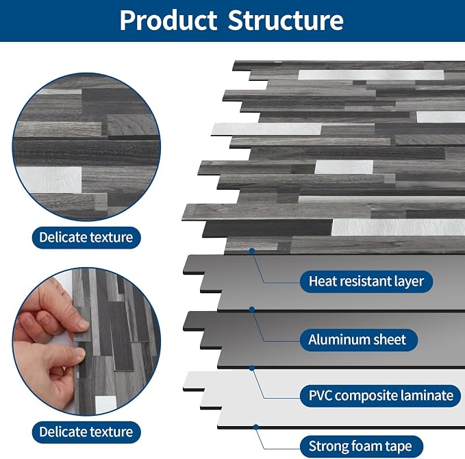 Yipscazo 10 Sheets Peel and Stick Stone Metal Tile Backsplash, Stick on Tiles for Backsplash Kitchen, Bathroom, Laundry Room, Camper, Fireplace (12'' X 12'', Black Wood Grain)