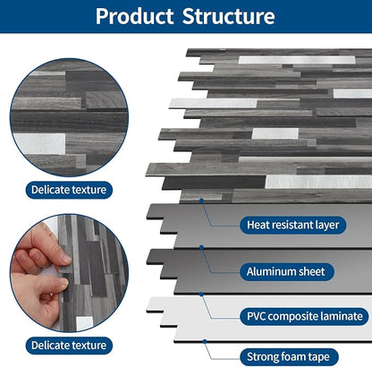 Yipscazo 10 Sheets Peel and Stick Stone Metal Tile Backsplash, Stick on Tiles for Backsplash Kitchen, Bathroom, Laundry Room, Camper, Fireplace (12'' X 12'', Black Wood Grain)