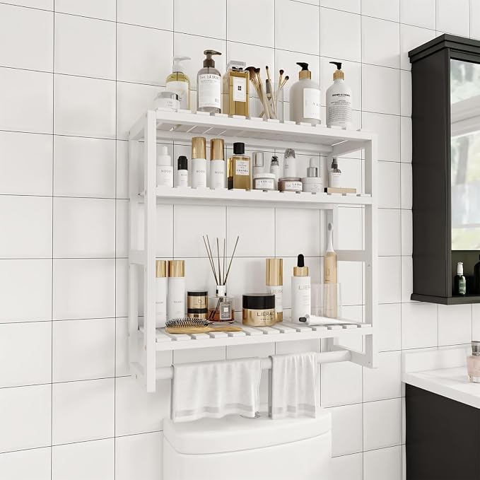 Galood Over The Toilet Storage Bathroom Shelves Wall Mounted 3 Tier White | Space Saver Corner Shelf Organizer Bamboo Towel Rack Toilet Paper Cabinet with Hanging Rod