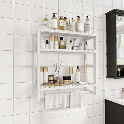 Galood Over The Toilet Storage Bathroom Shelves Wall Mounted 3 Tier White | Space Saver Corner Shelf Organizer Bamboo Towel Rack Toilet Paper Cabinet with Hanging Rod