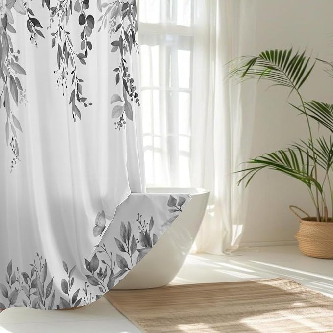 Grey Floral Eucalyptus Shower Curtain with Hooks, 72x72 Inch | Waterproof Fabric, Watercolor Leaves and Floral, Botanical Style, Machine Washable, Quick-Drying, for Hotel Bathroom