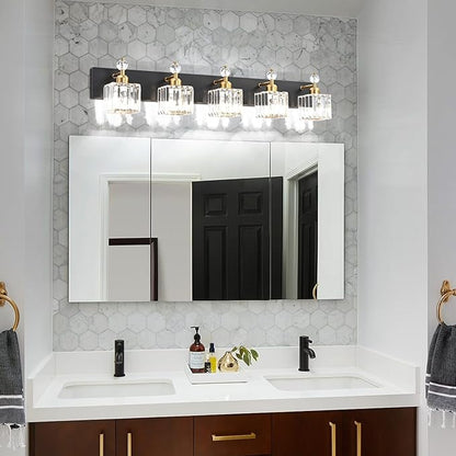 PRESDE Crystal 5 Light Bathroom Vanity Lights Modern Black and Gold Bathroom Lights Fixtures Over Mirror Modern Bath Wall Lighting