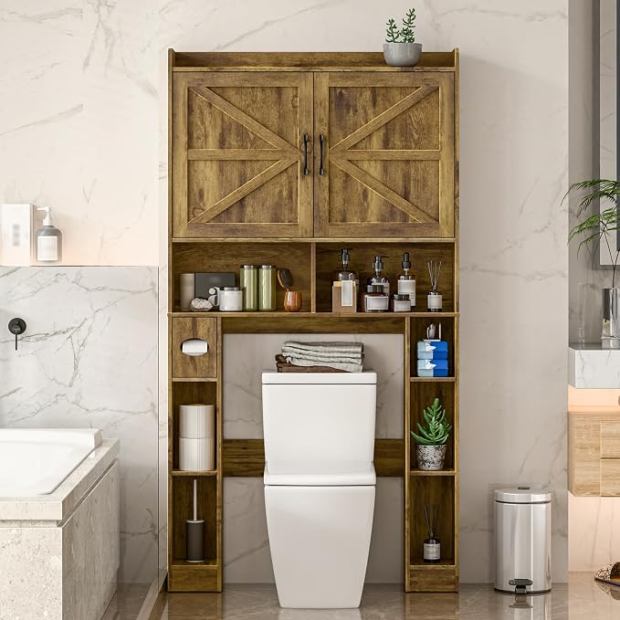 Vabches Over The Toilet Storage Cabinet with Barn Doors, Brown | Toilet Cabinet Rack, Space Saving Bathroom Organizer with Shelves, Toilet Paper Holder and Towel Rack for Bathroom,Laundry.