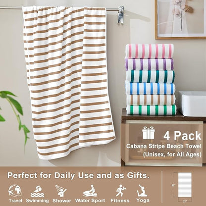 JML Microfiber Bath Towel Sets, 4 Pack, 27" x 55", Cabana Stripe Coffee | Soft, Super Absorbent, Fast Drying Bath Towel Set for Swimming, Pool, Summer Beach Party