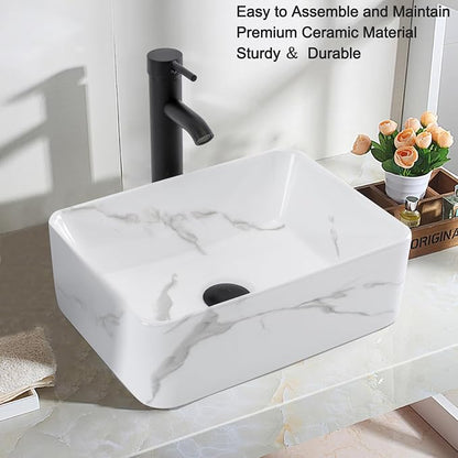 Bathroom Vessel Sink Combo with Faucet and Pop-up Drain, 16" x 12" Rectangular Porcelain Ceramic Basin with White Marble Pattern, Above Counter Sink for Vanity