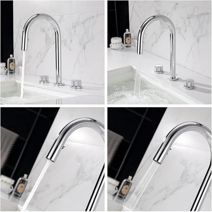 3 Hole Pull Out Faucet for Bathroom Sink Gooseneck Restroom Faucet Hot and Cold,Chrome Plated