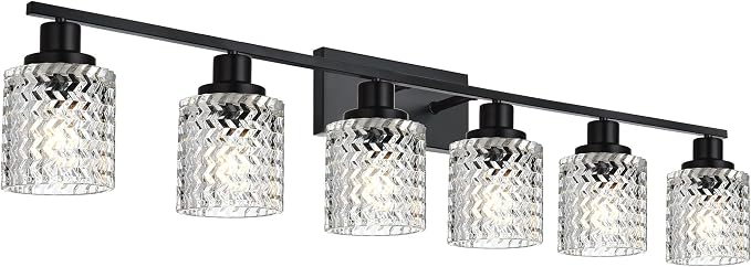 MELUCEE 6 Lights Bathroom Lighting Fixtures Over Mirror Black | Vanity Light with Hammered Glass Shade Indoor Wall Mounted Lamp for Bathroom Bedroom Kitchen