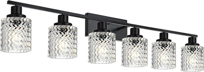 MELUCEE 6 Lights Bathroom Lighting Fixtures Over Mirror Black | Vanity Light with Hammered Glass Shade Indoor Wall Mounted Lamp for Bathroom Bedroom Kitchen