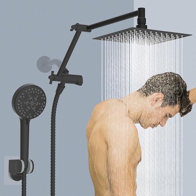 Metal Rain Shower Head with Handheld, 8" High-Pressure Showerhead,10-Mode | Black, Rainfall Shower Head with 5" Large Handheld Spray, Adjustable 16" Shower Extension Arm/71" Hose, Brass 3-Way Diverter