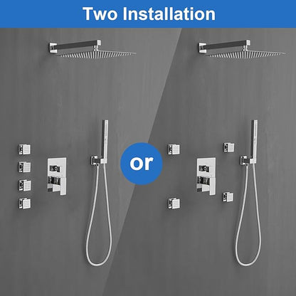 RUMOSE Rainfall Shower System with 4 Body Jets Wall Mounted 4 Mode Shower Faucet Set with 12 Inch Rain Shower Head and 2 in 1 Handheld Spray, Polished Chrome Brass Shower Fixtures, Rough-in Valve