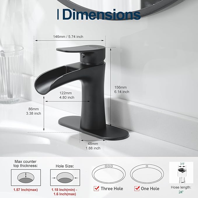 VOTON Black Bathroom Faucets Single Handle Waterfall Sink Faucet One Hole or Three Holes with Deck Mount Vanity Farmhouse RV Vessel Basin Faucet
