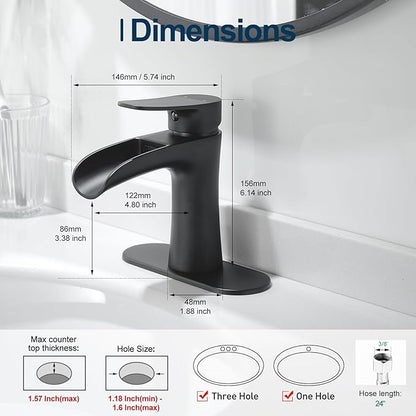 VOTON Black Bathroom Faucets Single Handle Waterfall Sink Faucet One Hole or Three Holes with Deck Mount Vanity Farmhouse RV Vessel Basin Faucet