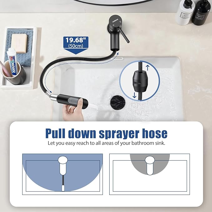 HURRAN Pull Out Bathroom Faucet, Single Handle Basin Mixer Tap with 2 Modes, Utility Sink Faucet with Deck Plate, Stainless Steel, Matte Black