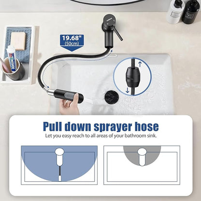 HURRAN Pull Out Bathroom Faucet, Single Handle Basin Mixer Tap with 2 Modes, Utility Sink Faucet with Deck Plate, Stainless Steel, Matte Black