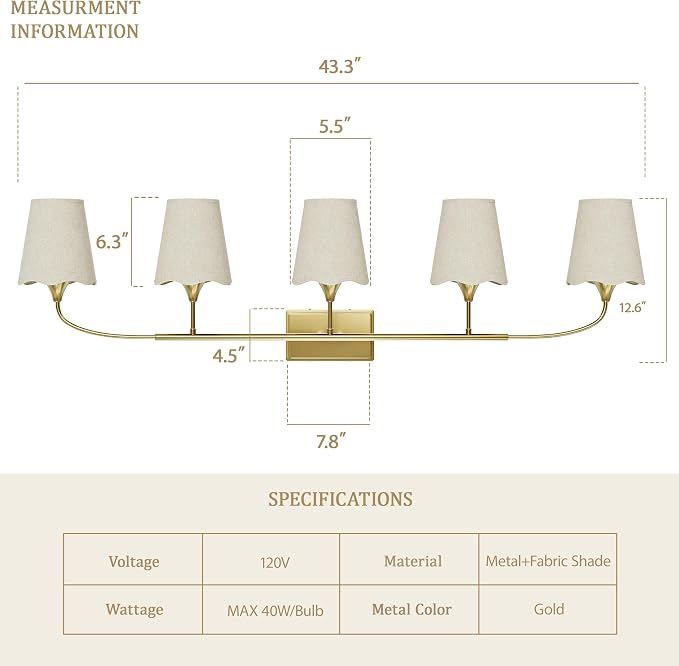 Morauroral Bathroom Light Fixtures Over Mirror, 5 Light Vanity Light for Bathroom, Gold Vanity Light Fixtures with Fabric Linen Shade, E26 Socket Sconce Wall Decor(ETL Listed)