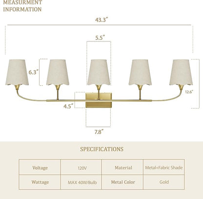 Morauroral Bathroom Light Fixtures Over Mirror, 5 Light Vanity Light for Bathroom, Gold Vanity Light Fixtures with Fabric Linen Shade, E26 Socket Sconce Wall Decor(ETL Listed)