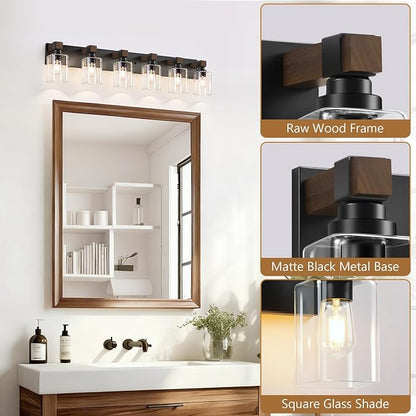 Farmhouse Black 6-Light Bathroom Vanity Light, Square Glass Shade | Vintage Rustic Design, Wood Grain Finish, Matte Black Metal, Wall Mount Over Mirror Lighting Fixtures for Bathroom Restroom