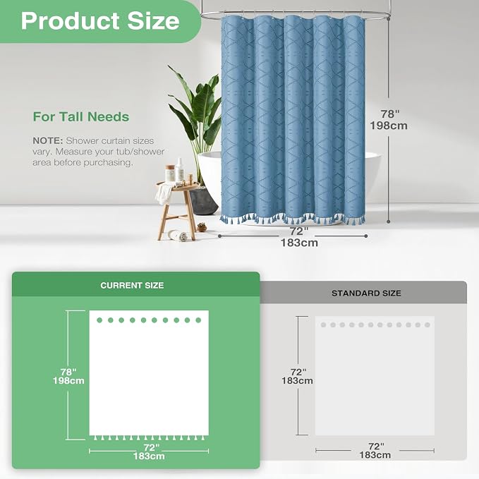 Long Boho Shower Curtain Tufted Geometric 72"x78" Moonlight Blue | 78 Inch Tall, Elegant Tassel, Lightweight Textured Fabric, Water Repellent, Washable, Hotel Spa, for Bathroom/Dorm 12 Hooks