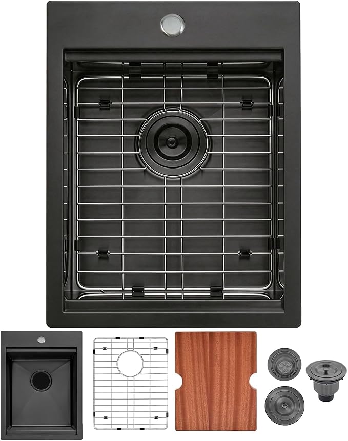 Black Bar Sink Drop In, 15x20 Inch Kitchen Sink Stainless Steel Small Topmount Workstation Sinks, Single Bowl Kitchen Sinks for Office Laundry Wet Bar Prep RV Outdoor Yard