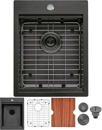 Black Bar Sink Drop In, 15x20 Inch Kitchen Sink Stainless Steel Small Topmount Workstation Sinks, Single Bowl Kitchen Sinks for Office Laundry Wet Bar Prep RV Outdoor Yard