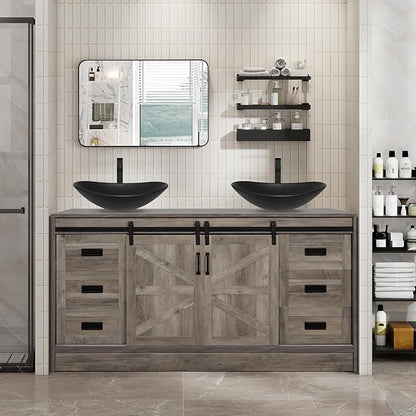 60" Barn Door Bathroom Vanity with 6 Drawers and Two Doors, Farmhouse Style Standing Pedestal Cabinet with Two Black Ceramic Boat Sink