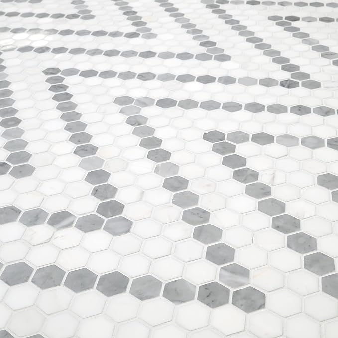 MSI Bianco Dolomite Sazi 11 in. x 14 in. Polished Marble Hexagon Wall Tile and Floor Tile for Kitchen Backsplash, Wall Tile for Bathroom, Shower Wall Tile, Mesh Mounted Mosaic Tile