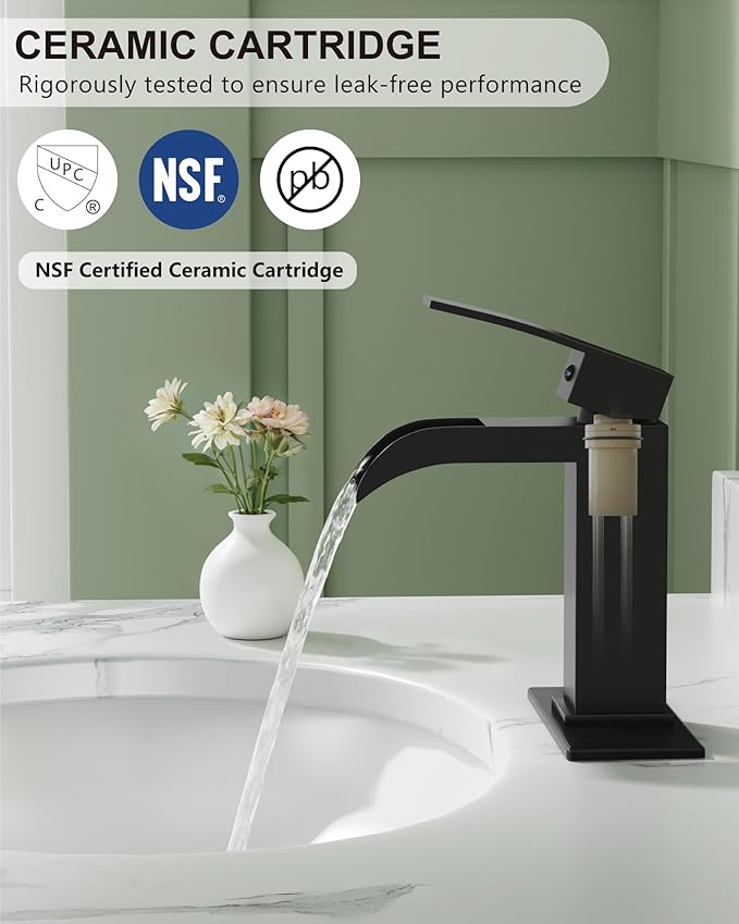 Midanya Waterfall Bathroom Faucet, Single Handle Bathroom Sink Faucet for Sink 1 or 4 Inch 3 Hole, Stainless Steel Vanity Faucets with Deck Plate and Pop up Drain,Matte Black