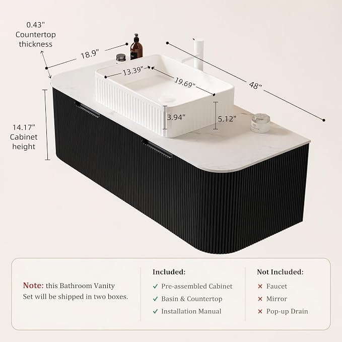 48 Inch Bathroom Vanity with Sink, Floating Wall Mounted Single Sink Vanity, Black Curved Fluted Front, Stone Top, White Textured Rectangular Vessel Basin, Pre-Assembled